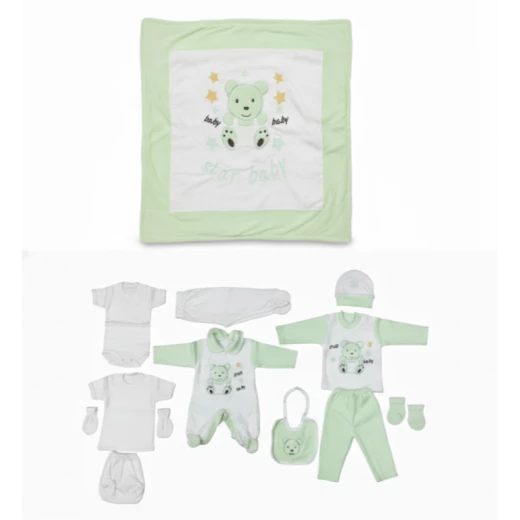 Star Baby 10-Piece Newborn Gift Set – Soft Green & White Cotton Outfit Set with Blanket, Romper, Hat, Mittens & Booties for Baby Shower Gift Star Baby 10-Piece Newborn Gift Set – Soft Green & White Cotton Outfit Set with Blanket, Romper, Hat, Mittens & Booties for Baby Shower Gift