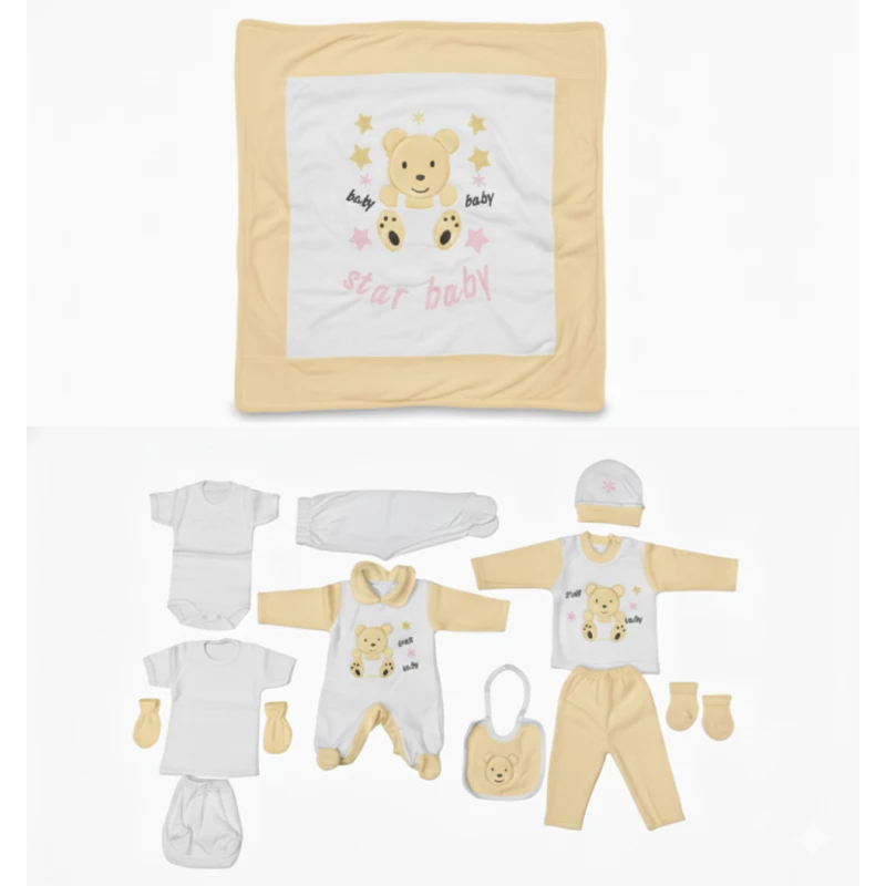 Star Baby 10-Piece Newborn Gift Set – Soft Yellow & White Cotton Outfit Set with Blanket, Romper, Hat, Mittens & Booties for Baby Shower Gift