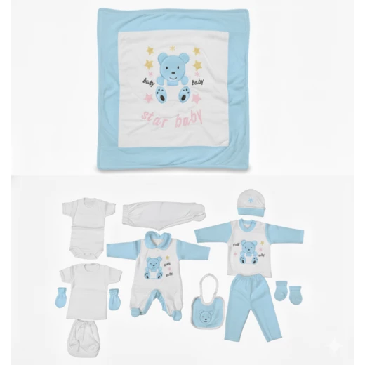 Star Baby 10-Piece Newborn Gift Set – Soft Blue & White Cotton Outfit Set with Blanket, Romper, Hat, Mittens & Booties for Baby Shower Gift