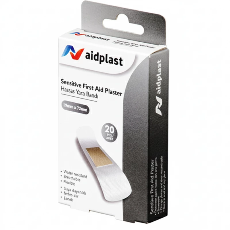 لاصقات الإسعافات الأولية الحساسة من Aidplast، 20 قطعة، لون أبيض، 19 مم × 72 مم، مضادة للحساسية - إيد بلاست