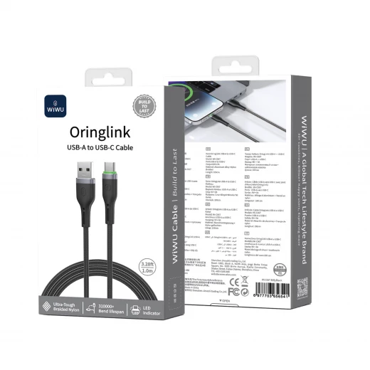 كابل وي وو C067 Oringlink USB-A إلى USB-C مصنوع من سبائك الألومنيوم ومُغطى بالنايلون المضفر، بطول 1 متر، أسود كابل وي وو C067 Oringlink USB-A إلى USB-C مصنوع من سبائك الألومنيوم ومُغطى بالنايلون المضفر، بطول 1 متر، أسود