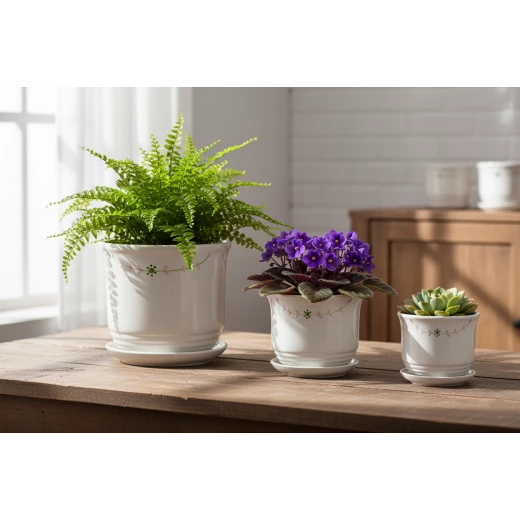 3-Piece Floral Ceramic Planter Set with Matching Saucers – Elegant White Glazed Indoor/Outdoor Flower Pots with Drainage – Large, Medium, Small 3-Piece Floral Ceramic Planter Set with Matching Saucers – Elegant White Glazed Indoor/Outdoor Flower Pots with Drainage – Large, Medium, Small