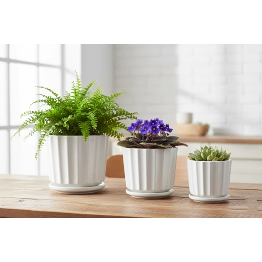 3-Piece Elegant Vertical Ribbed Ceramic Planter Set with Matching Saucers – Glossy White Textured Flower Pots for Indoor & Outdoor Use – Large, Medium, Small 3-Piece Elegant Vertical Ribbed Ceramic Planter Set with Matching Saucers – Glossy White Textured Flower Pots for Indoor & Outdoor Use – Large, Medium, Small