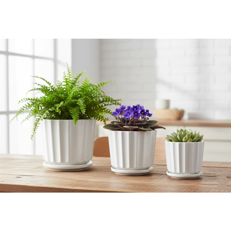 3-Piece Elegant Vertical Ribbed Ceramic Planter Set with Matching Saucers – Glossy White Textured Flower Pots for Indoor & Outdoor Use – Large, Medium, Small