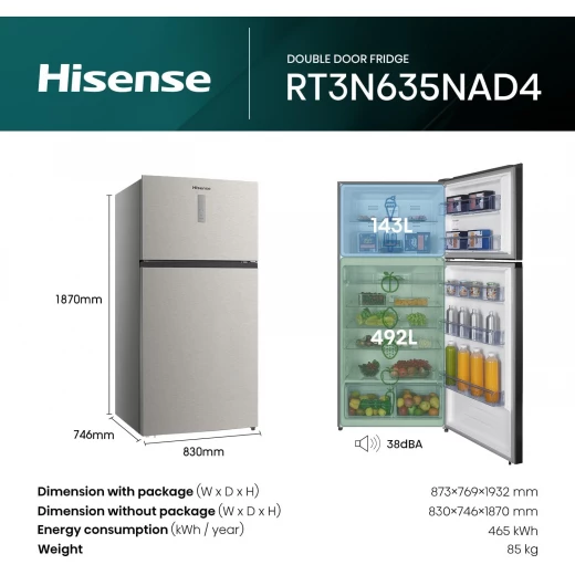 Hisense RT3N635NAD4 - Two Door Top-mount 635L Freezer Fridge, Precise Electronic Control, Big Capacity, Total No Frost, 83x74.6x187 cm (LxWxH), Silver, 1 Year Full & 10 Years Compressor Warranty - HISENSE - Image 9