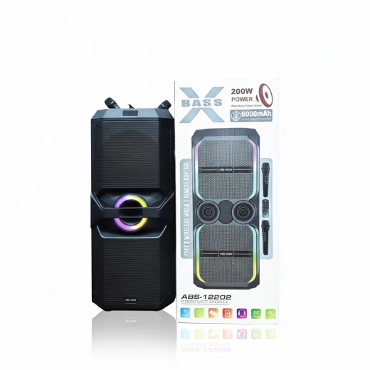 مكبر صوت بلوتوث 12 بوصة بقدرة 200 وات مع صوت HIFI Bass ومصابيح RGB وميكروفونات لاسلكية مزدوجة وبطارية 6000 مللي أمبير في الساعة - موديل ABS-12202