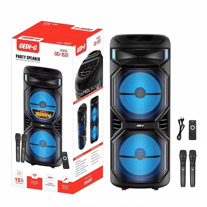 GD-1521 مكبر صوت Big Boombox Tower - ثنائي 15 بوصة ECHO BASS، بلوتوث، مصابيح RGB، بطارية لاسلكية، ميكروفون مزدوج، دعم TF/USB/AUX/FM