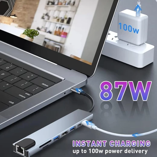 USB C HUB, 8 in 1 USB C Adapter with 4K HDMI, 100W PD, USB C Port, USB 3.0, RJ45 Ethernet, SD/TF Card Reader, Docking Station Compatible with MacBook Pro/Air USB C Laptops and Other Type C Devices - Image 6