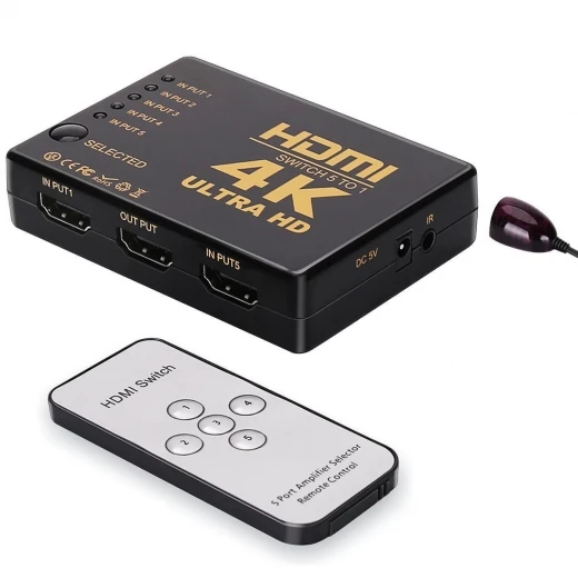 محول HDMI بخمس منافذ بدقة 4K طراز SY-501 مع جهاز تحكم عن بعد لأجهزة HDMI متعددة باللون الأسود محول HDMI بخمس منافذ بدقة 4K طراز SY-501 مع جهاز تحكم عن بعد لأجهزة HDMI متعددة باللون الأسود