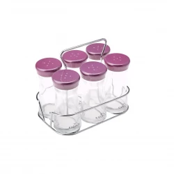 Karaca Ocha Mor 7 Piece Spice Jar Set Kitchen Organizer, Glass Jars with Airtight Lids, Includes 6 Spice Jars and a Rotating Stand, Modern Design for Kitchen Countertop Storage