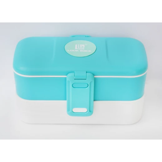 Look Back Two Tier Stackable Lunch Box Blue Leak Proof FDA Approved 5 Cups Capacity Look Back Two Tier Stackable Lunch Box Blue Leak Proof FDA Approved 5 Cups Capacity