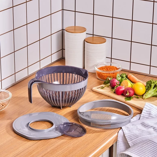 Karaca 3 in 1 Mixing Bowl Set with Lid, Sieve, and Integrated Scale, Dishwasher Safe, Grey Color, 3 Piece Set for Kitchen Prep and Baking Karaca 3 in 1 Mixing Bowl Set with Lid, Sieve, and Integrated Scale, Dishwasher Safe, Grey Color, 3 Piece Set for Kitchen Prep and Baking