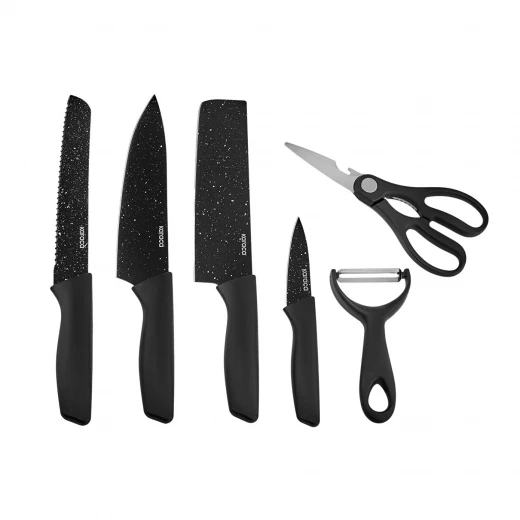 طقم سكاكين مطبخ كاراجا بلاك ستون 6 قطع مع مقص مدمج ومقابض مريحة، يشمل سكين الشيف وسكين التقطيع وسكين التقشير وسكين الأدوات لجميع مهام المطبخ طقم سكاكين مطبخ كاراجا بلاك ستون 6 قطع مع مقص مدمج ومقابض مريحة، يشمل سكين الشيف وسكين التقطيع وسكين التقشير وسكين الأدوات لجميع مهام المطبخ