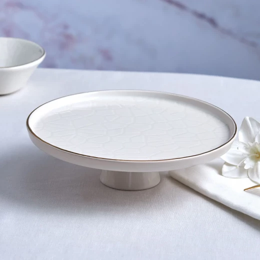 Karaca Calvin Ekru Ceramic Footed Serving Plate: Elegant Design for Serving Dishes, 23 cm Diameter, Perfect for Presenting Appetizers and Desserts, Durable and Stylish