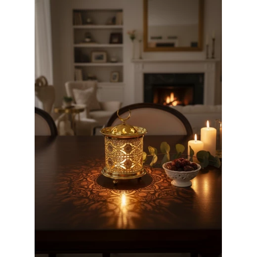 فانوس رمضان ذهبي مودرن بارتفاع 15 سم بنقوش مفرغة وإضاءة LED داخلية دافئة - قطعة ديكور رمضانية أنيقة للمنزل والمكتب بتصميم عصري وقاعدة ثابتة - دمية رمضان - Image 2