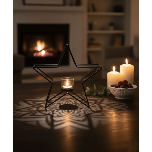 Modern Black Metal Star Candle Holder with Glass Votive Cup - Geometric Minimalist Table Decor for Ramadan, Weddings, and Home Interior Centerpiece 24 CM For Ramadan Decoration Modern Black Metal Star Candle Holder with Glass Votive Cup - Geometric Minimalist Table Decor for Ramadan, Weddings, and Home Interior Centerpiece 24 CM For Ramadan Decoration
