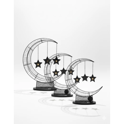 Black Metal Ramadan Crescent Moon with Hanging Stars & LED Fairy Lights - Modern Islamic Floor & Table Decor with Ornate Geometric Base 74cm - Dumyah Ramadan - Image 2