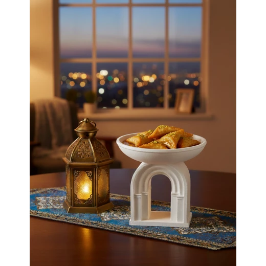tall serving dish with an elegant Ramadan theme 21cm perfect for serving dates and refreshments; an Islamic decorative piece that adds a distinctive spiritual atmosphere during Ramadan and religious occasions tall serving dish with an elegant Ramadan theme 21cm perfect for serving dates and refreshments; an Islamic decorative piece that adds a distinctive spiritual atmosphere during Ramadan and religious occasions