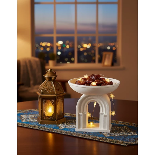 tall serving dish with an elegant Ramadan theme 21cm  perfect for serving dates and refreshments; an Islamic decorative piece that adds a distinctive spiritual atmosphere during Ramadan and religious occasions - Dumyah Ramadan - Image 2