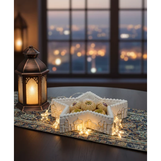 مضيف تقديم 26 سم على شكل نجمة مزخرف بطابع رمضاني أنيق – مثالي لتقديم الحلويات والتمر، قطعة ديكور تضيف جو روحاني مميز خلال شهر رمضان والمناسبات الدينية مضيف تقديم 26 سم على شكل نجمة مزخرف بطابع رمضاني أنيق – مثالي لتقديم الحلويات والتمر، قطعة ديكور تضيف جو روحاني مميز خلال شهر رمضان والمناسبات الدينية