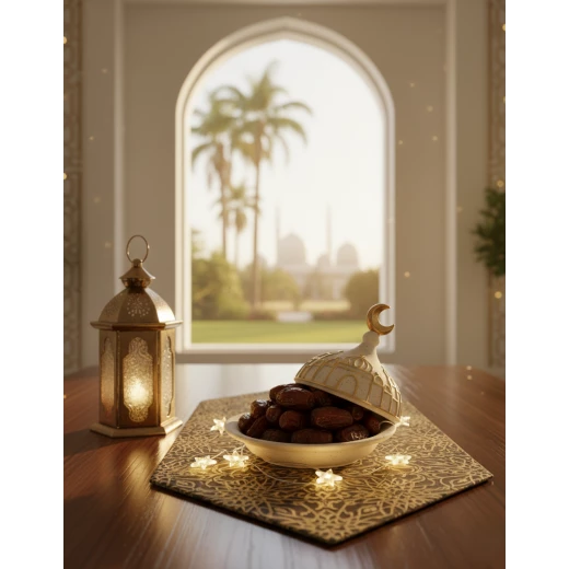 صحن تقديم رمضان – مضيفة صحن تمر مزين بطابع رمضاني مثالي لتقديم التمر والحلويات، قطعة ديكور أنيقة تضيف جو روحاني ومميز للمنزل خلال رمضان والمناسبات الدينية صحن تقديم رمضان – مضيفة صحن تمر مزين بطابع رمضاني مثالي لتقديم التمر والحلويات، قطعة ديكور أنيقة تضيف جو روحاني ومميز للمنزل خلال رمضان والمناسبات الدينية