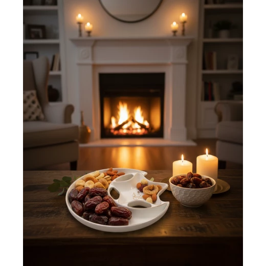 Ceramic Ramadan Crescent & Star Serving Platter with Gold Rim - Elegant White Dessert & Snack Plate with Arabic Calligraphy for Iftar Hosting Small Ceramic Ramadan Crescent & Star Serving Platter with Gold Rim - Elegant White Dessert & Snack Plate with Arabic Calligraphy for Iftar Hosting Small