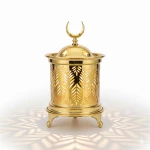 Modern Golden Ramadan Lantern Pattern & Warm LED Lights - Elegant Islamic Decor Fanous for Home and Office, Crescent Moon Top 15cm - Dumyah Ramadan