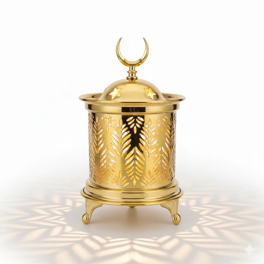 Modern Golden Ramadan Lantern Pattern & Warm LED Lights - Elegant Islamic Decor Fanous for Home and Office, Crescent Moon Top 15cm Modern Golden Ramadan Lantern Pattern & Warm LED Lights - Elegant Islamic Decor Fanous for Home and Office, Crescent Moon Top 15cm
