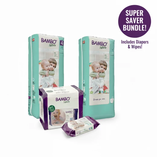 Bambo Nature Size 4 Diapers (96ct) & Sensitive Baby Wipes (240ct) Bundle | Eco-Friendly, Hypoallergenic, Chlorine-Free for Babies 7-14 kg Bambo Nature Size 4 Diapers (96ct) & Sensitive Baby Wipes (240ct) Bundle | Eco-Friendly, Hypoallergenic, Chlorine-Free for Babies 7-14 kg
