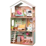 بيت دمى خشبي من KidKraft Dottie، 3 طوابق، 12 ملحق، وردي/أخضر