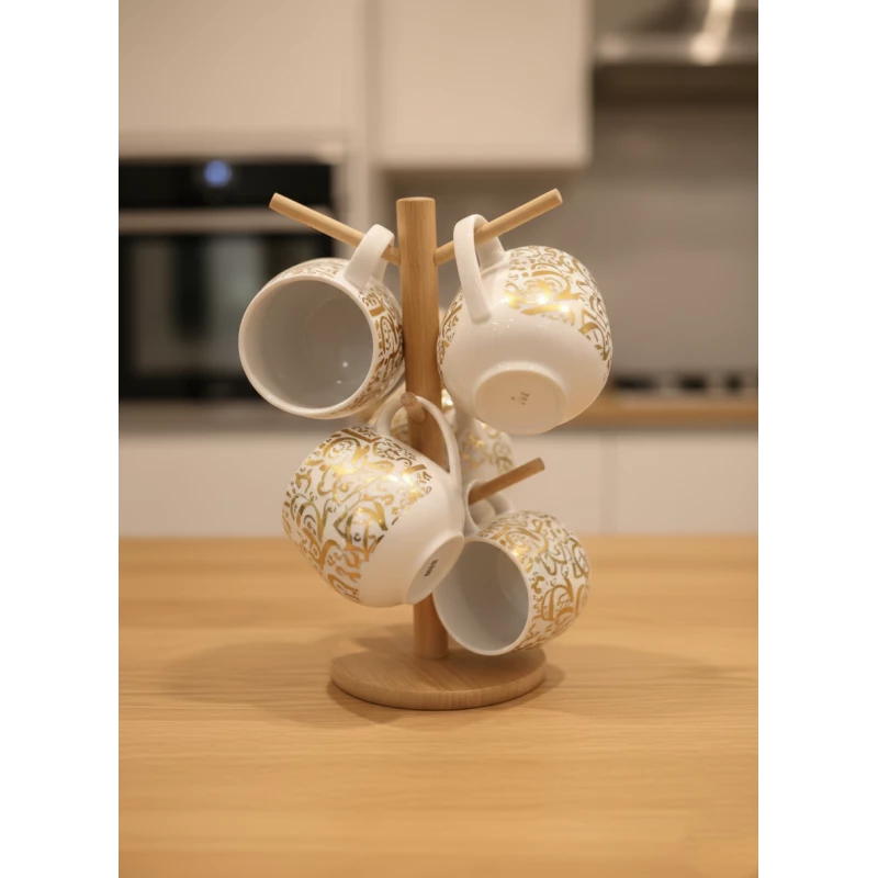 7-Piece Porcelain Mug Set with Vertical Organizing Stand – 6-Person Modern Coffee Cup Set for Home & Kitchen – Space-Saving - Dumyah Ramadan