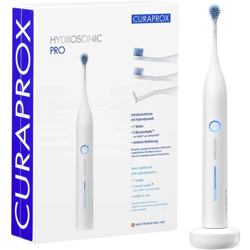 فرشاة أسنان كهربائية Curaprox Hydrosonic Pro 1 قطعة، تنظيف صوتي للثة الحساسة، تتضمن 3 رؤوس فرشاة