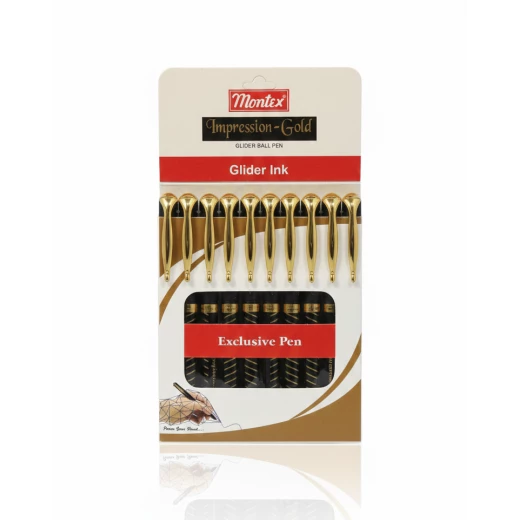 Montex Impression-Gold Glider Ball Pen Set – 10 Exclusive Gold-Finish Pens with Smooth Glider Ink Technology for Effortless Writing Montex Impression-Gold Glider Ball Pen Set – 10 Exclusive Gold-Finish Pens with Smooth Glider Ink Technology for Effortless Writing