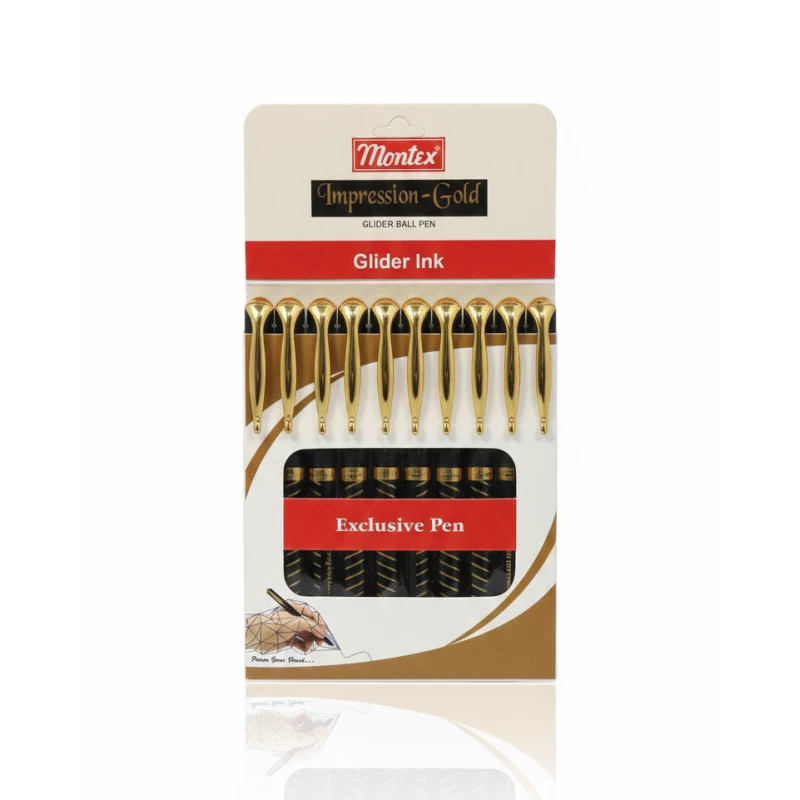 Montex Impression-Gold Glider Ball Pen Set – 10 Exclusive Gold-Finish Pens with Smooth Glider Ink Technology for Effortless Writing - Montex