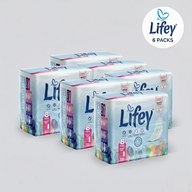 Lifey Night Thin Sanitary Pads for Heavy Flow – 8 Pads per Pack (6 Packs) | Total 48 High-Absorbency Pads - Lifey