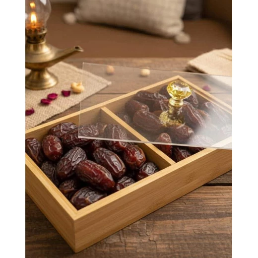 A natural bamboo serving tray with a transparent acrylic lid and a luxurious crystal handle  an elegant dish for storing and serving sweets, dates, and pastries; a modern design for hospitality, events, and everyday use with a sophisticated and attractive touch - Kitchen house - Image 3