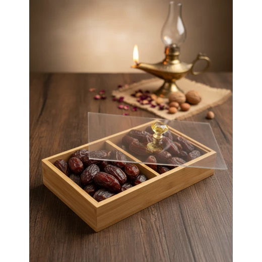 A natural bamboo serving tray with a transparent acrylic lid and a luxurious crystal handle  an elegant dish for storing and serving sweets, dates, and pastries; a modern design for hospitality, events, and everyday use with a sophisticated and attractive touch - Kitchen house - Image 2