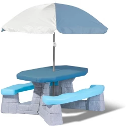 Step2 Sun & Fun Picnic Table with Umbrella, Seats 6 Kids | UPF 40+ Sun Protection, Durable All-Weather Resin & Neutral Faux-Sandstone Design