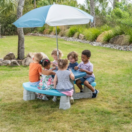 Step2 Sun & Fun Picnic Table with Umbrella, Seats 6 Kids | UPF 40+ Sun Protection, Durable All-Weather Resin & Neutral Faux-Sandstone Design - Step2 - Image 3