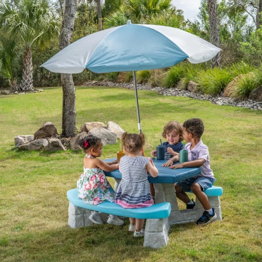 Step2 Sun & Fun Picnic Table with Umbrella, Seats 6 Kids | UPF 40+ Sun Protection, Durable All-Weather Resin & Neutral Faux-Sandstone Design - Step2 - Image 5