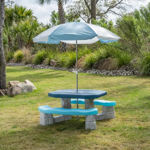 Step2 Sun & Fun Picnic Table with Umbrella, Seats 6 Kids | UPF 40+ Sun Protection, Durable All-Weather Resin & Neutral Faux-Sandstone Design - Step2 - Image 4