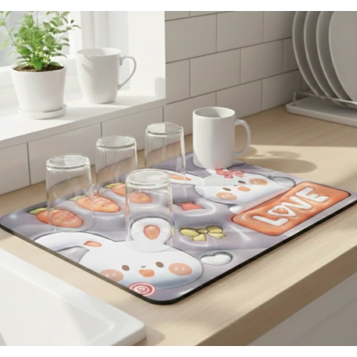 حصيرة تجفيف الأواني الماصة للماء بتصميم الأرانب اللطيفة | مقاس 32 سم × 42 سم حصيرة تجفيف الأواني الماصة للماء بتصميم الأرانب اللطيفة | مقاس 32 سم × 42 سم