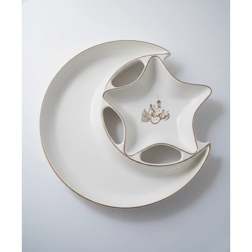 Ceramic Ramadan Crescent & Star Serving Platter with Gold Rim - Elegant White Dessert & Snack Plate with Arabic Calligraphy for Iftar Hosting Small - Dumyah Ramadan - Image 2