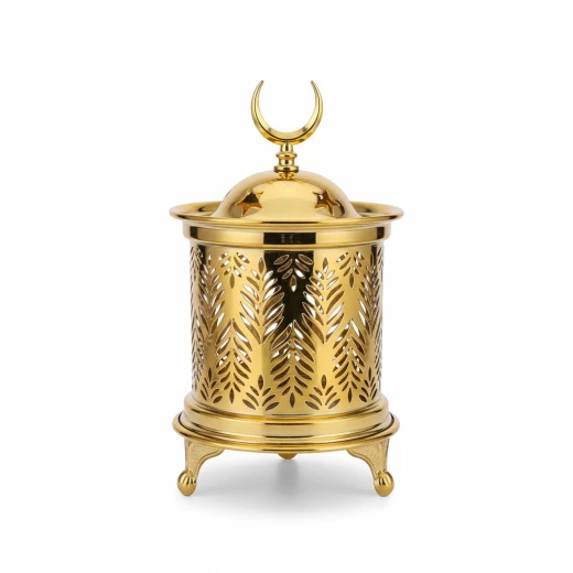 Modern Golden Ramadan Lantern Pattern & Warm LED Lights - Elegant Islamic Decor Fanous for Home and Office, Crescent Moon Top 15cm - Dumyah Ramadan - Image 2