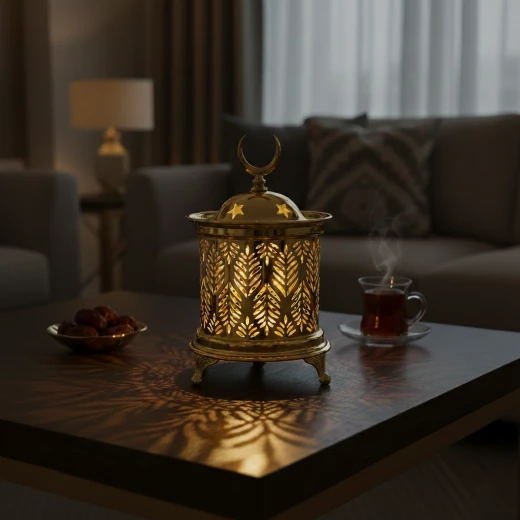 Modern Golden Ramadan Lantern Pattern & Warm LED Lights - Elegant Islamic Decor Fanous for Home and Office, Crescent Moon Top 15cm - Dumyah Ramadan - Image 3