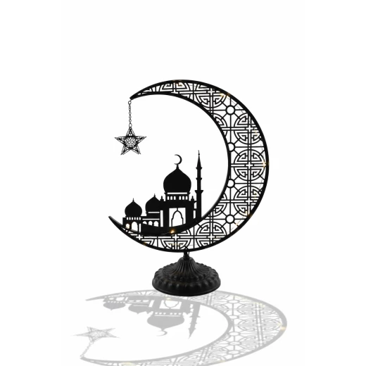 Large Black Metal Ramadan Crescent with Mashrabiya Patterns & Mosque Silhouette - Premium Islamic Decor with Hanging Lantern/Censer & Ornate Base - Dumyah Ramadan - Image 2