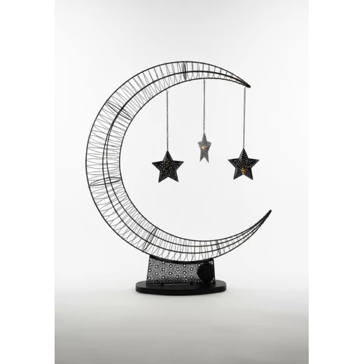 Black Metal Ramadan Crescent Moon with Hanging Stars & LED Fairy Lights - Modern Islamic Floor & Table Decor with Ornate Geometric Base 80cm - Dumyah Ramadan - Image 3