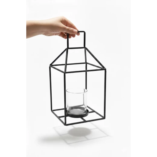 Modern Black Metal Wire Lantern - Geometric Minimalist Candle Holder with Handle for Ramadan Decor, Weddings, and Contemporary Home Styling 32cm - Dumyah Ramadan - Image 2