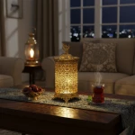 22cm Modern Golden Ramadan Lantern with Tree-Leaf Pattern & Warm LED Lights - Elegant Islamic Decor Fanous for Home and Office, Crescent Moon Top - Dumyah Ramadan