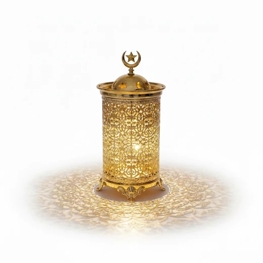 22cm Modern Golden Ramadan Lantern with Tree-Leaf Pattern & Warm LED Lights - Elegant Islamic Decor Fanous for Home and Office, Crescent Moon Top - Dumyah Ramadan - Image 2